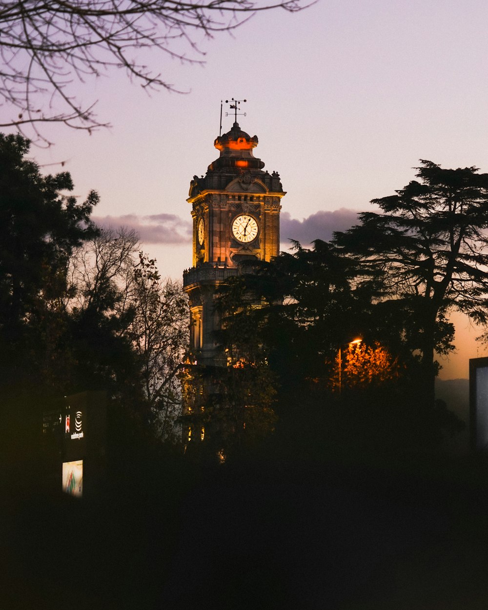 silhouette of trees and building during night time