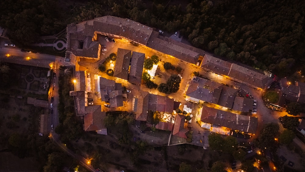 an aerial view of a city at night