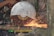 Sparks fly as a circular saw cuts through a piece of material. A person's hand is visible, guiding the tool, while various other objects surround the work area, including a measuring tape and materials like wood and metal.