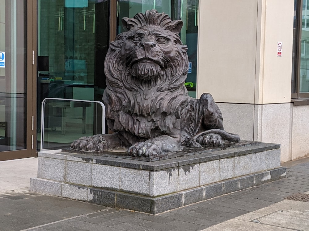 Estatua del león gris cerca de un edificio de hormigón blanco durante el día
