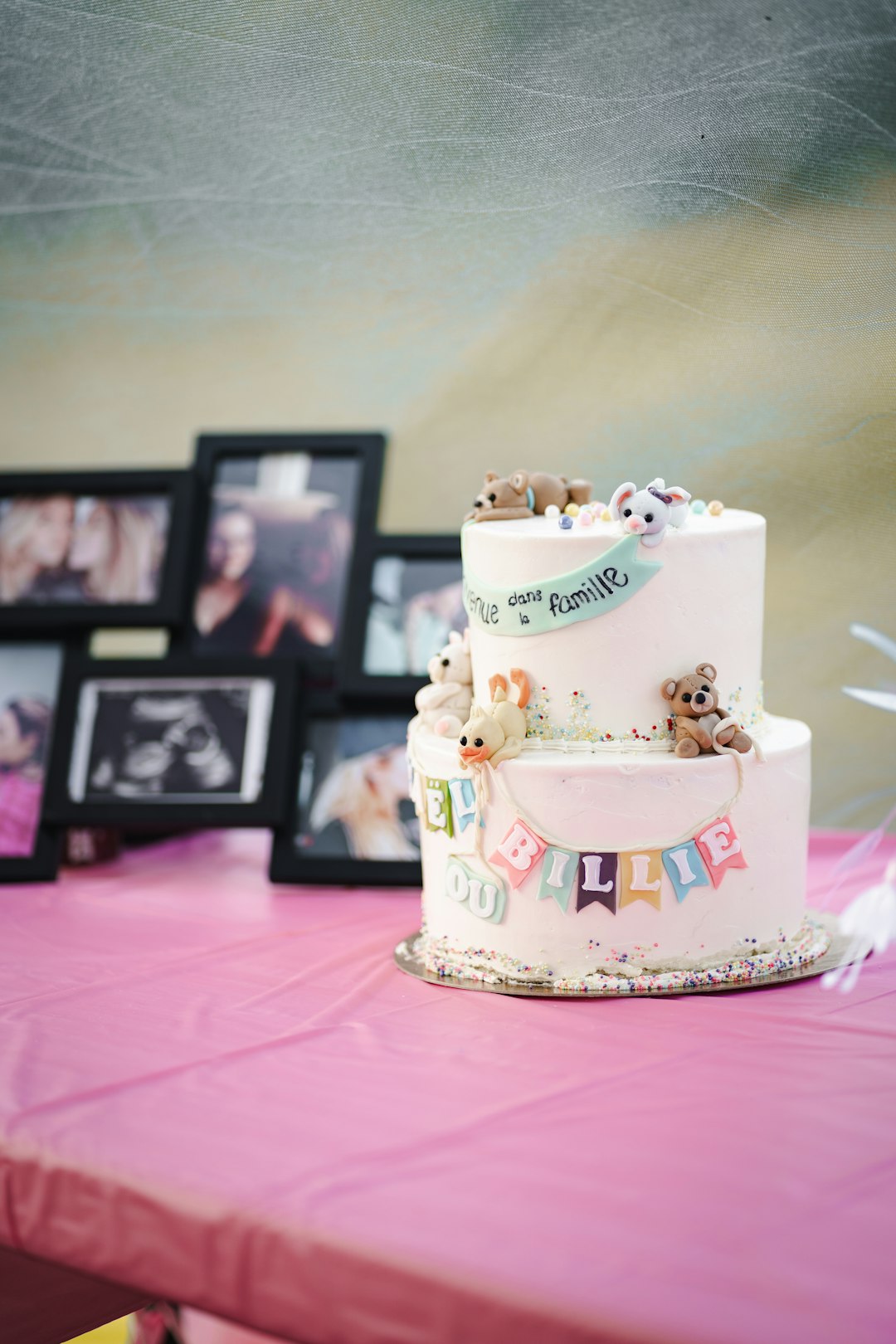 white and pink cake with 2 womens photo