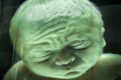 A close-up view of a newborn's face, eyes closed, with a gentle expression. The skin appears smooth yet expressive, with multiple folds and wrinkles visible, illuminated with a subtle greenish tint.