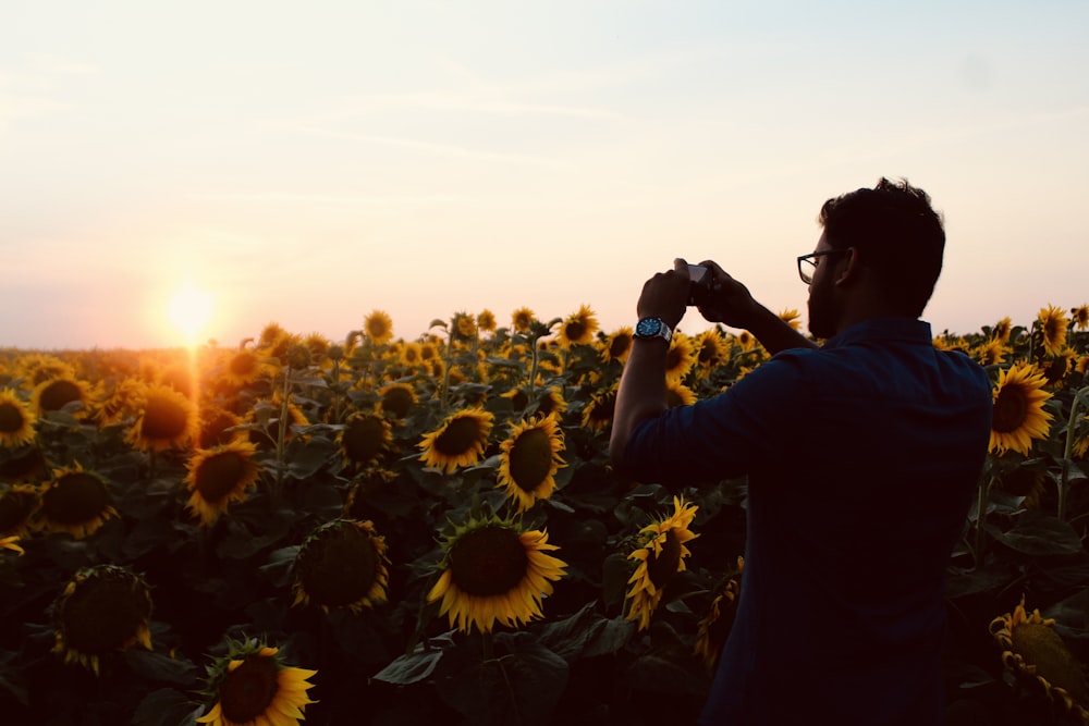 donna in camicia nera a maniche lunghe in piedi sul campo di girasoli durante il tramonto