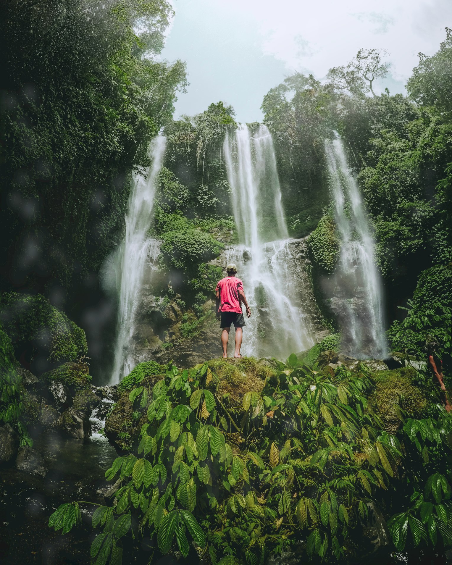 A lone individual stands in awe before the majestic Sekumpul Waterfall in Bali, Indonesia, which cascades over lush, green cliffs into a misty pool below, surrounded by the dense tropical rainforest