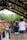 A bustling farmers market with people walking under strings of lights. Stalls are lined with colorful bouquets of flowers, and a diverse group of people mingle, including a child holding a bouquet. The market is sheltered under a large canopy, and trees are visible in the background.