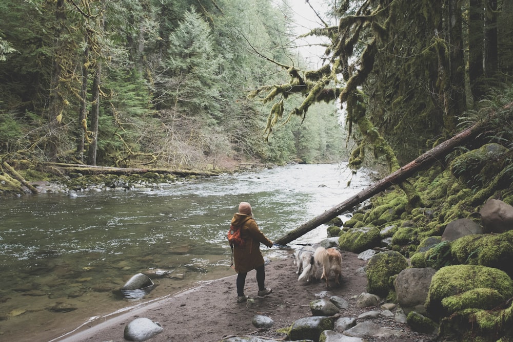 woman in black jacket and black pants standing on river with dog during daytime