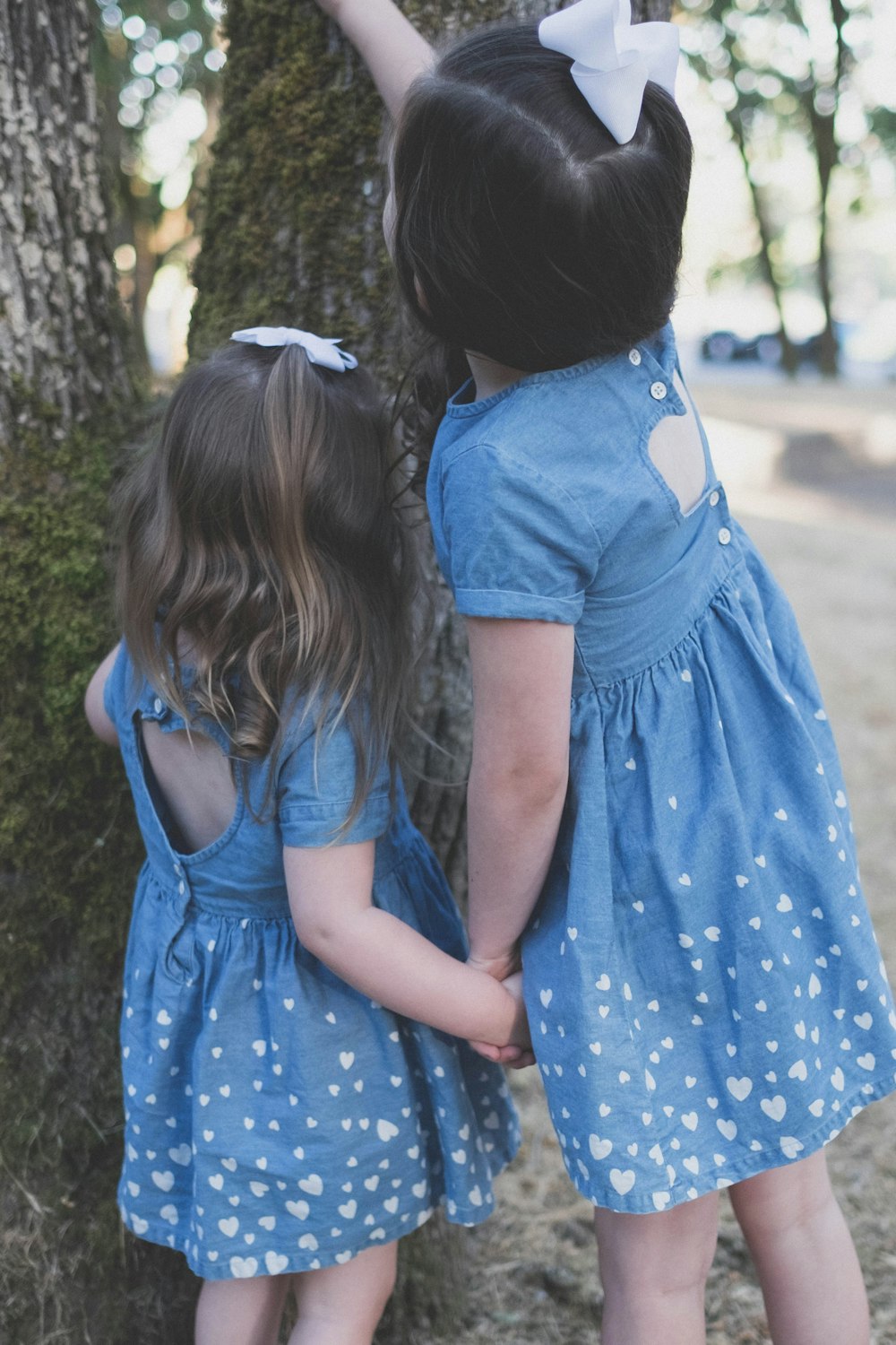 2 girls in blue dress standing on green grass field during daytime