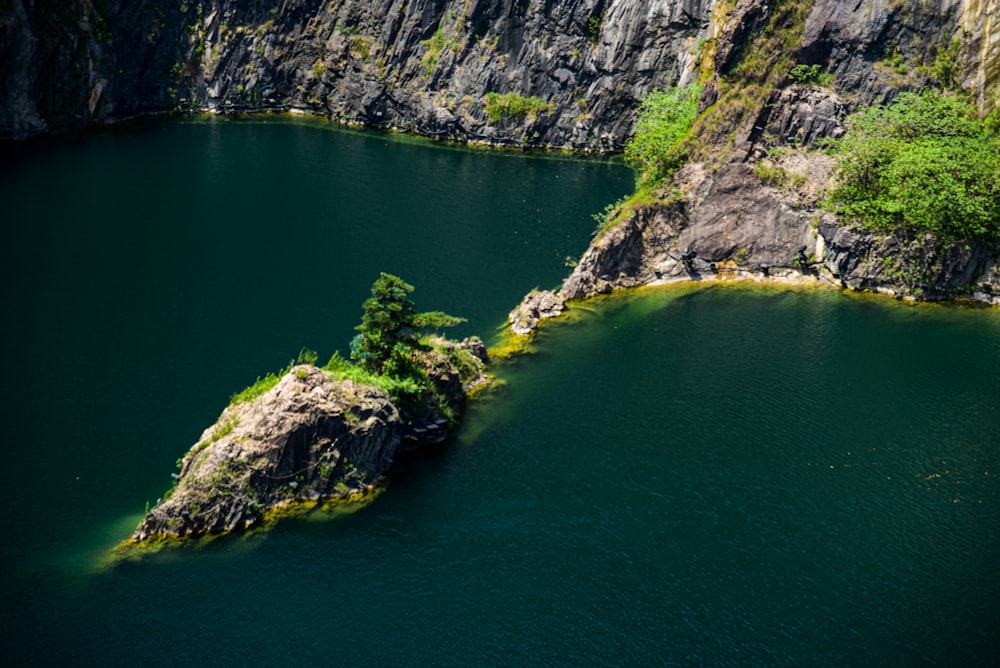 green moss on rock formation beside body of water during daytime