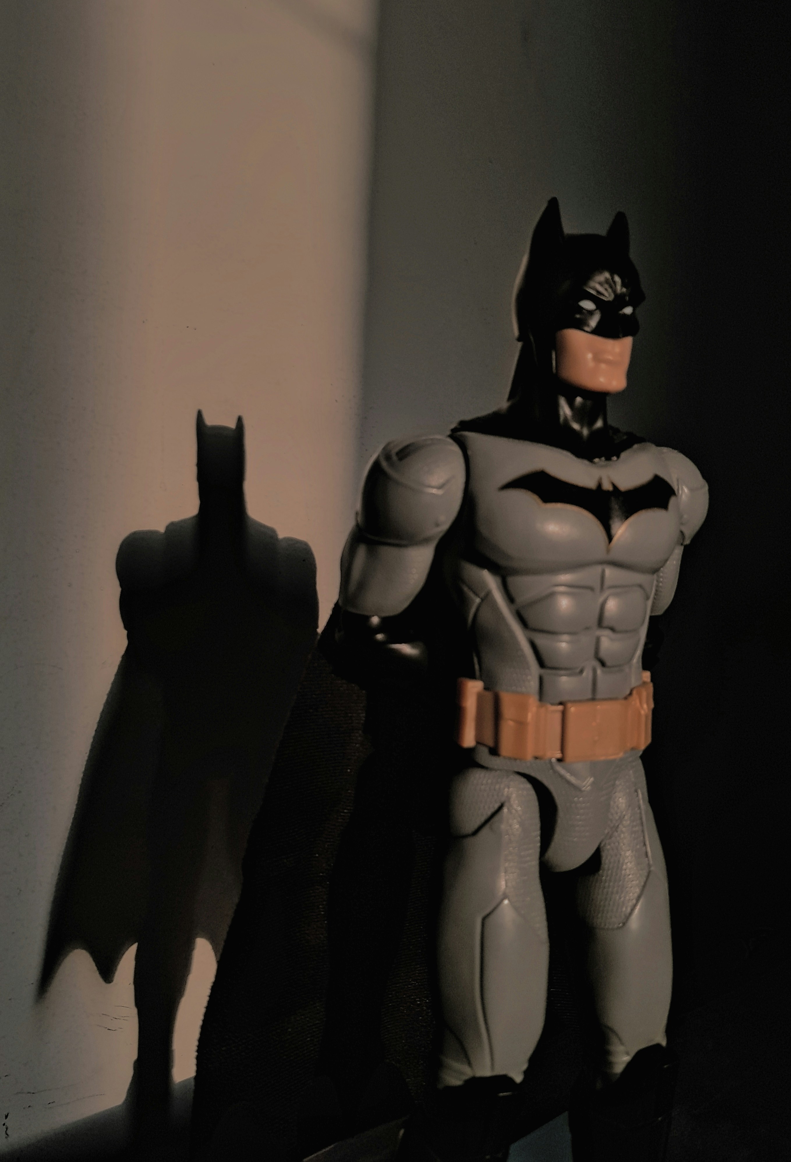 DC Comics action figures including Batman and Superman in dramatic shadowy display