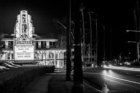 A black and white photograph featuring a classic cinema marquee with neon lights displaying the names of movies. The street beside the cinema is illuminated by streaks of light from passing cars, and tall palm trees can be seen in the background. The atmosphere suggests a quiet, nighttime urban environment.