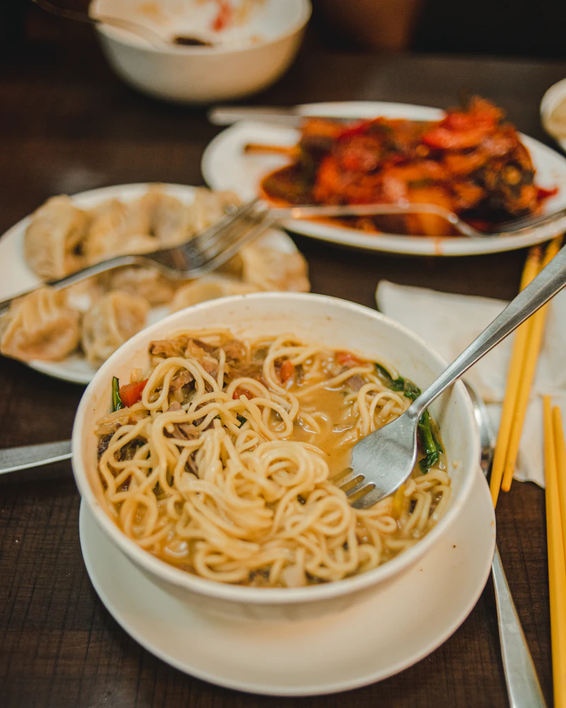 Pale handmade noodles and dumplings — placeholder
