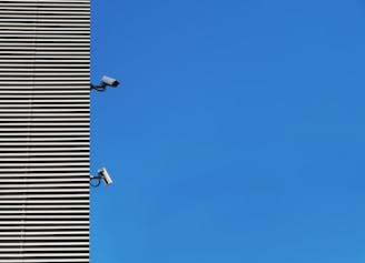 Two high-definition security cameras installed on a contemporary building facade.