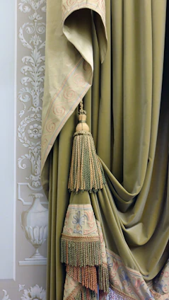 white and brown floral window curtain