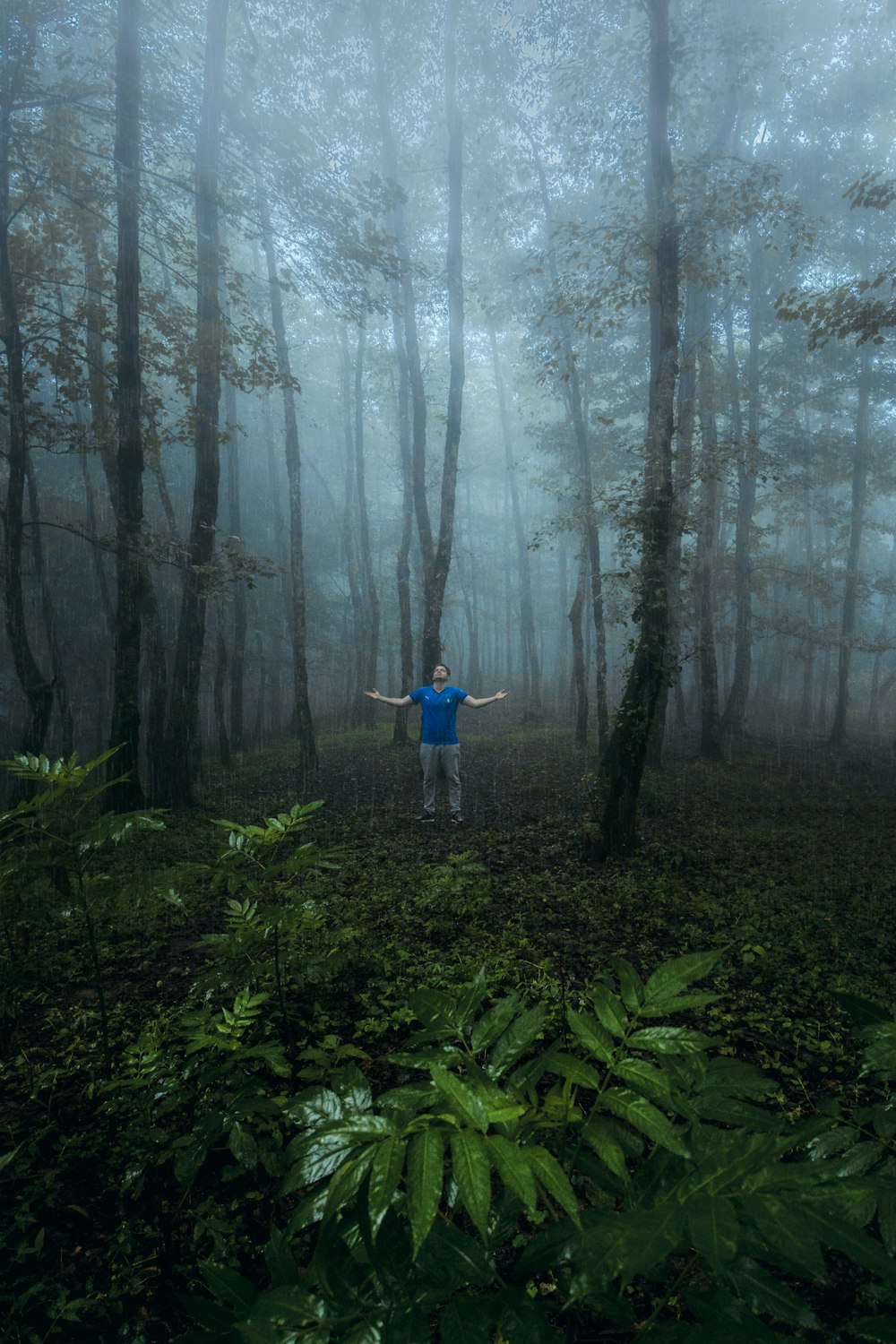昼間の森に立つ青いシャツの男
