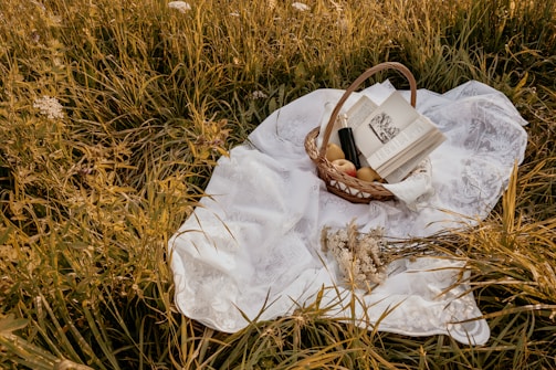A cozy picnic setup on a white blanket placed in a field of tall grass. A wicker basket contains a book, apples, and a bottle. Nearby, there are small white flowers resting on the blanket.