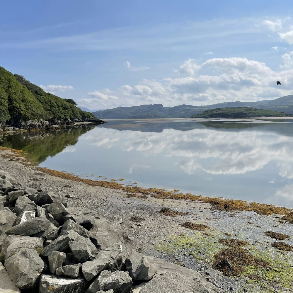 gray rocks beside body of water under blue sky during daytime