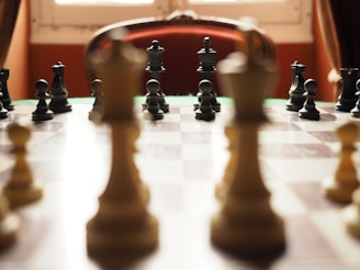 a chess board with a large set of chess pieces