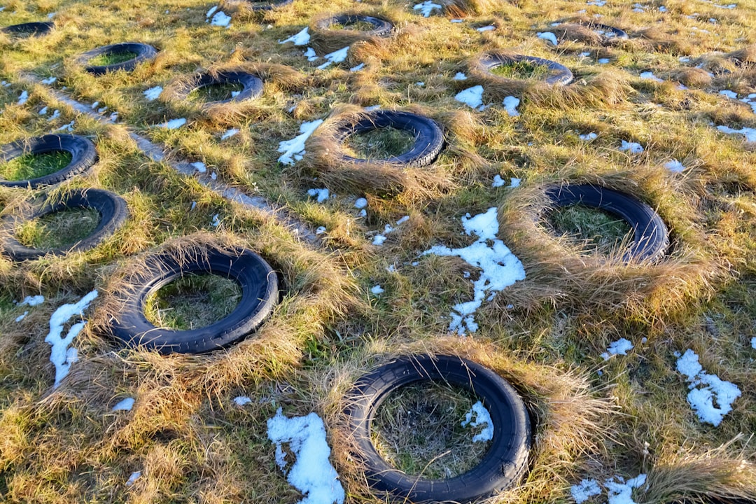 brown and black round metal wheel on snow covered ground