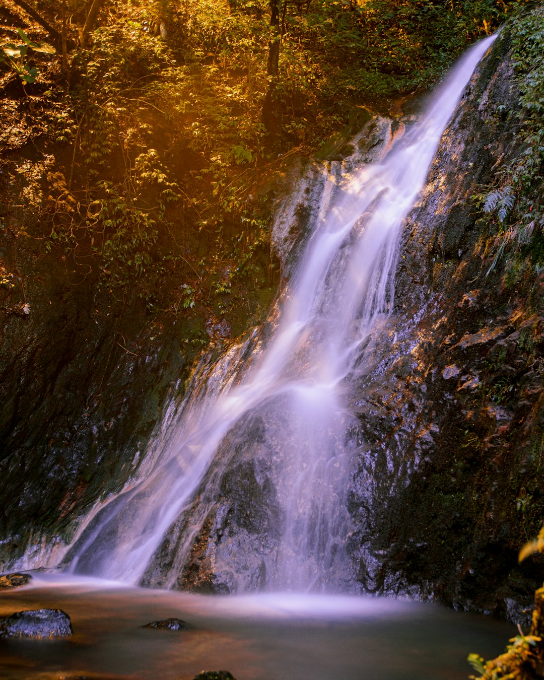 water falls on brown and green grass field