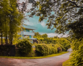 A data centre exterior surrounded by lush greenery under soft natural light.