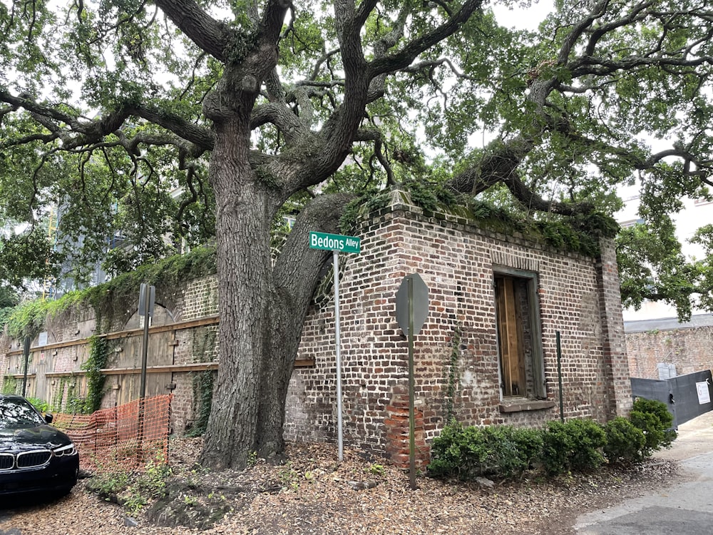 brown brick house near green trees during daytime