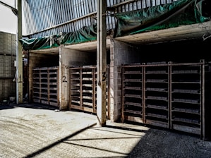 The image shows a warehouse or storage area with three large shelving units filled with rectangular items. The shelves are numbered 1, 2, and 3. The walls and ceiling are made of concrete and metal, and there is a green tarp hanging above the shelves. The area is lit by natural light coming from an opening on the left side.