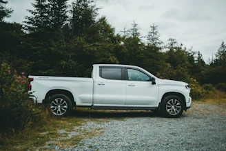 white crew cab pickup truck on road