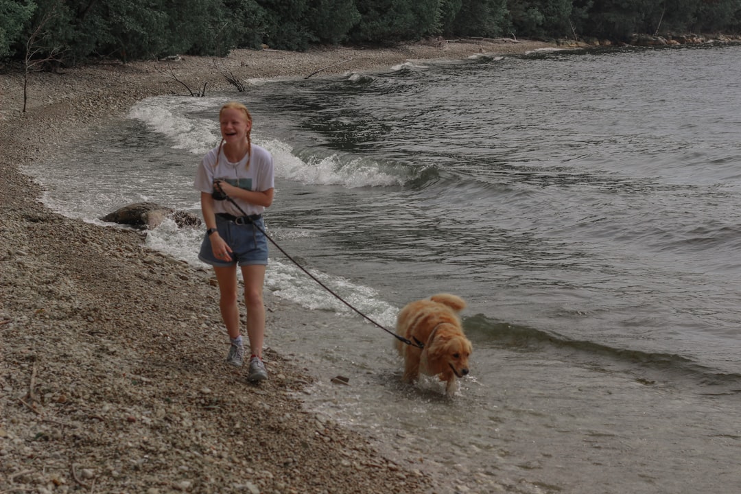 girl in white shirt and blue denim shorts standing beside brown dog on seashore during daytime