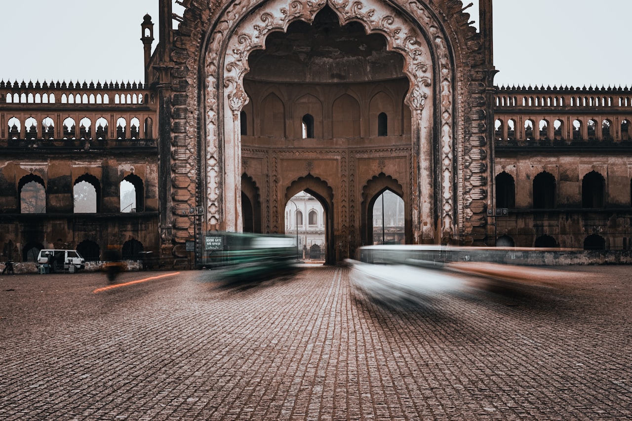 The ornate and beautiful Rumi Darwaza gate in Lucknow at night.