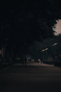 An inviting urban sidewalk with people walking and light filtering through trees