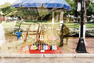 A display of various colorful ukuleles arranged on a red cloth under a blue umbrella in what appears to be a market or park setting. There is a seated figure in the background wearing a hat, and trees and greenery are visible beyond the market setup. The scene seems to have a double-exposure effect, creating a layered and surreal visual.