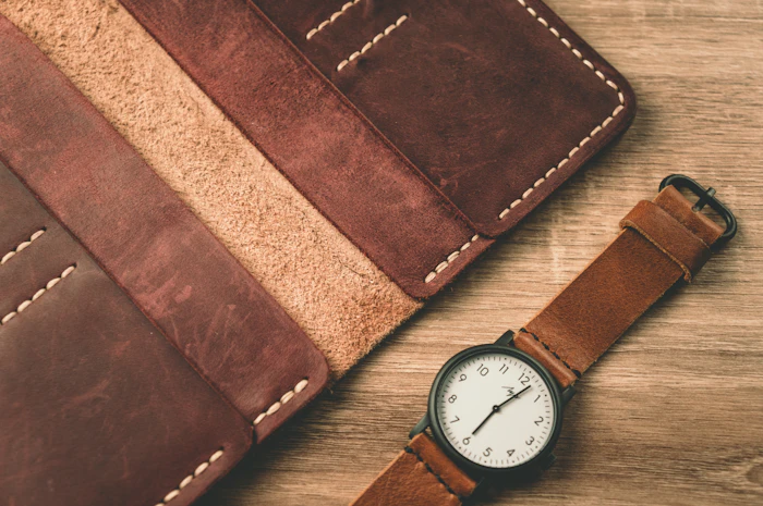 Leather wallet beside a watch