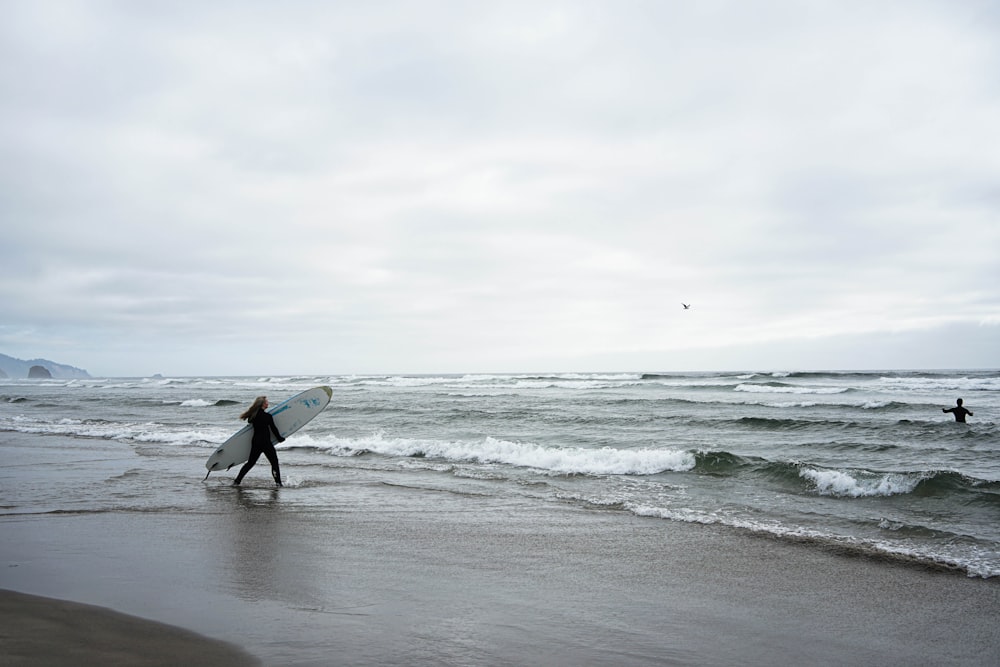 a person walking on the beach with a surfboard