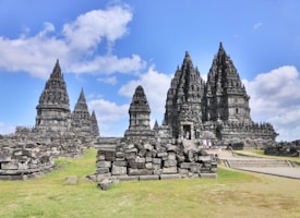 a large group of stone structures sitting on top of a lush green field