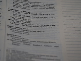 Text from a printed document, likely a page from a book. The content focuses on genealogies, specifically detailing descendants of individuals named Keturah and Sarah, with mention of various names like Abraham, Isaac, and others.