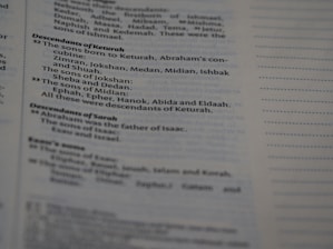 Text from a printed document, likely a page from a book. The content focuses on genealogies, specifically detailing descendants of individuals named Keturah and Sarah, with mention of various names like Abraham, Isaac, and others.