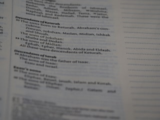 Text from a printed document, likely a page from a book. The content focuses on genealogies, specifically detailing descendants of individuals named Keturah and Sarah, with mention of various names like Abraham, Isaac, and others.