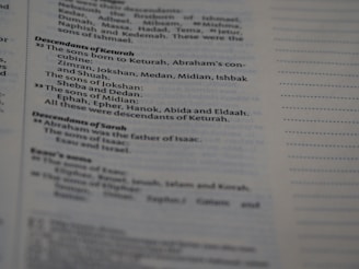 Text from a printed document, likely a page from a book. The content focuses on genealogies, specifically detailing descendants of individuals named Keturah and Sarah, with mention of various names like Abraham, Isaac, and others.
