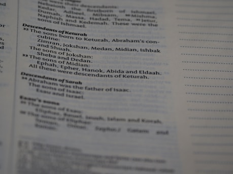 Text from a printed document, likely a page from a book. The content focuses on genealogies, specifically detailing descendants of individuals named Keturah and Sarah, with mention of various names like Abraham, Isaac, and others.