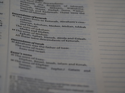 Text from a printed document, likely a page from a book. The content focuses on genealogies, specifically detailing descendants of individuals named Keturah and Sarah, with mention of various names like Abraham, Isaac, and others.