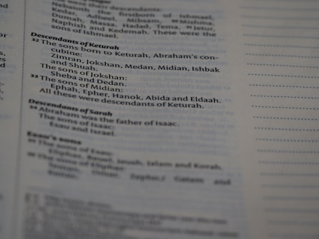 Text from a printed document, likely a page from a book. The content focuses on genealogies, specifically detailing descendants of individuals named Keturah and Sarah, with mention of various names like Abraham, Isaac, and others.