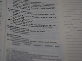 Text from a printed document, likely a page from a book. The content focuses on genealogies, specifically detailing descendants of individuals named Keturah and Sarah, with mention of various names like Abraham, Isaac, and others.