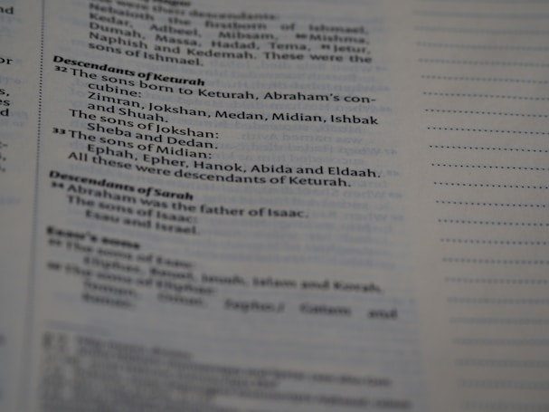 Text from a printed document, likely a page from a book. The content focuses on genealogies, specifically detailing descendants of individuals named Keturah and Sarah, with mention of various names like Abraham, Isaac, and others.