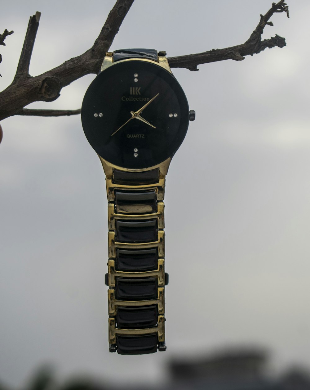 a gold and black watch hanging from a tree