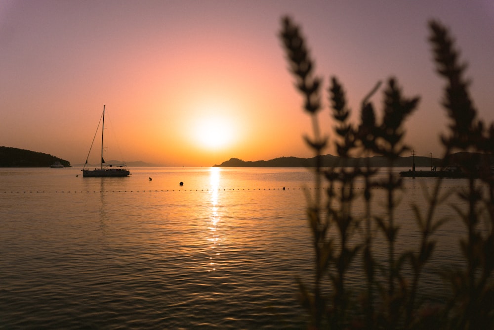 silhouette of boat on sea during sunset