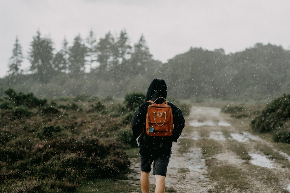 person in black and red backpack standing on green grass field during daytime