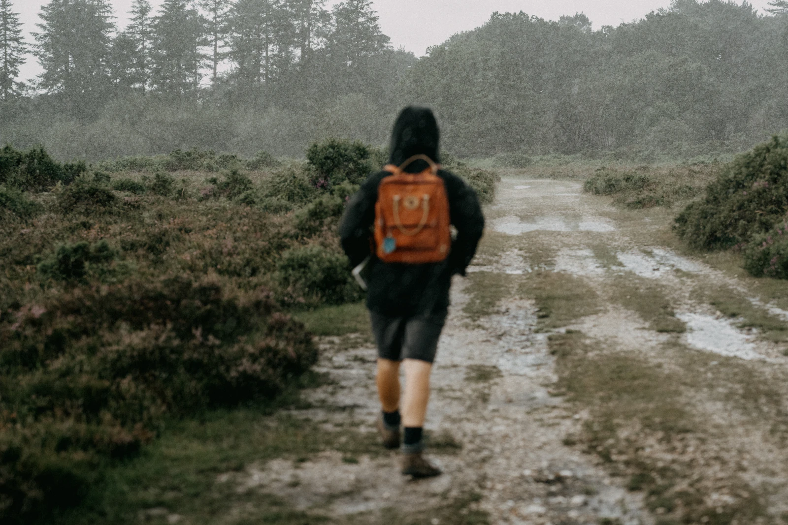 Person walking a muddy countryside path in the rain with a backpack