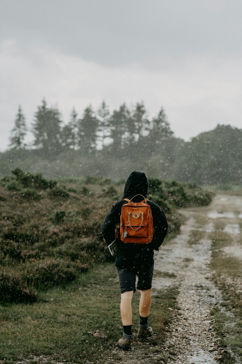 person in black jacket and black pants with black and orange backpack standing on green grass