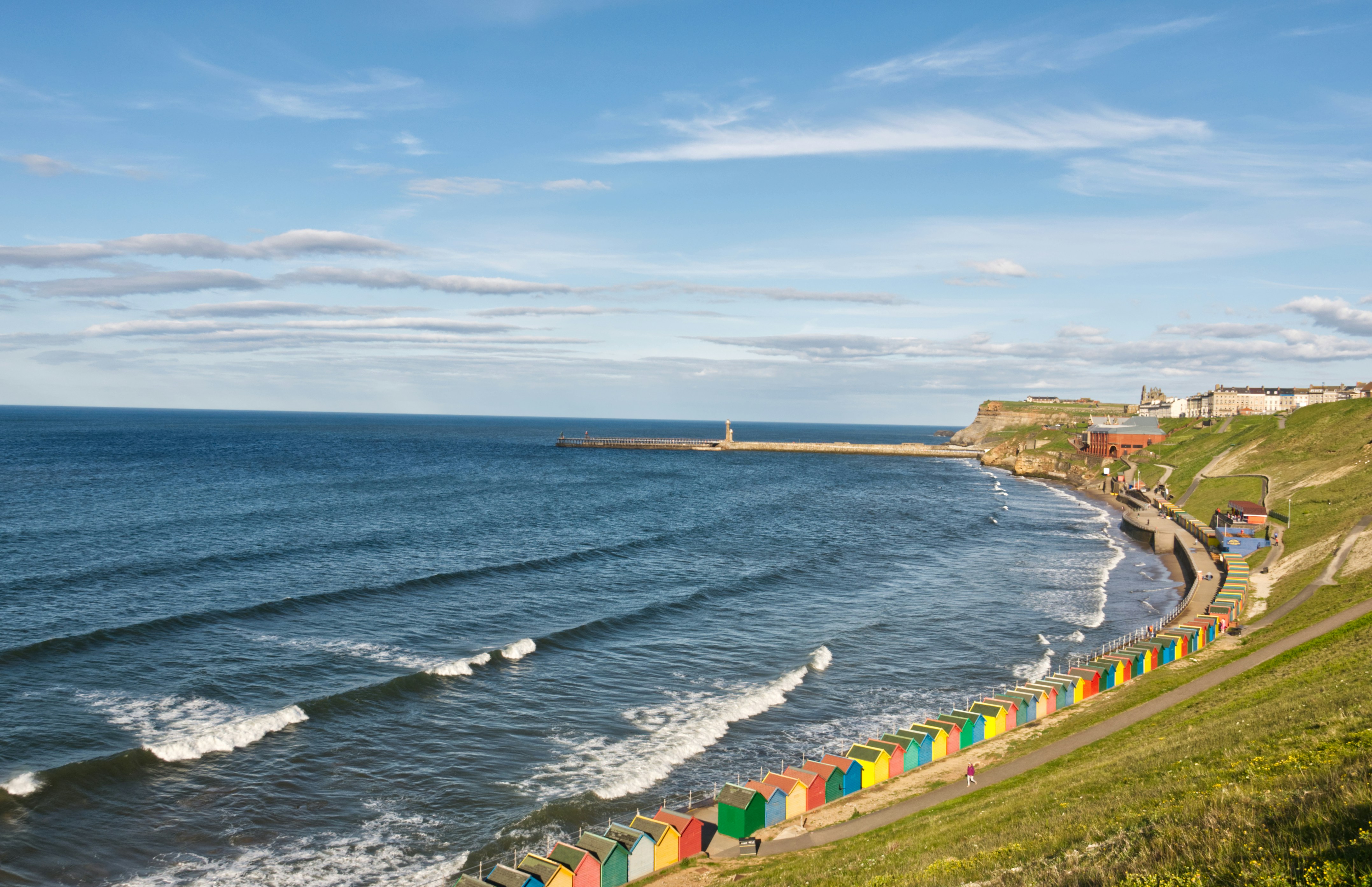Grüne und gelbe Häuser in Meeresnähe unter blauem Himmel tagsüber