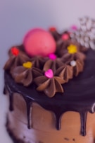 A beautifully decorated chocolate cake with creamy chocolate frosting and colorful heart-shaped candy sprinkles. The cake is topped with a pink macaron and is finished with a glossy chocolate ganache drizzle down the sides.
